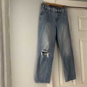 Express High Waisted Light Wash Ripped Straight Ankle Jeans